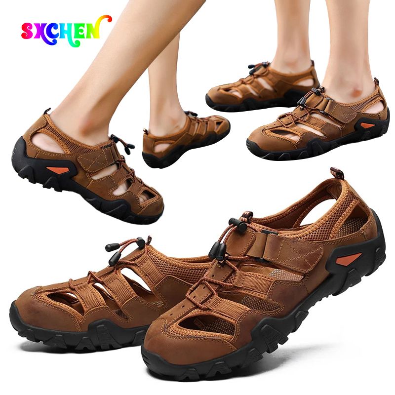 SXCHEN Men's Shoes Sandals Leather Sandals, Outdoor Beach Shoes, Hollow New Style Baotou Anti-Collision Wading Shoes, Breathable Casual Shoes, Sandals