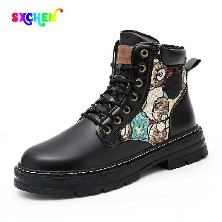 SXCHEN Men's Shoes Boots Ankle Bootie New Breathable High-Top Martin Boots For Men, Trendy And Versatile Thick-Soled Non-Slip Work Shoes, Casual Short Boots