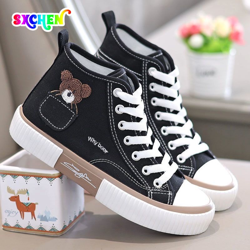 SXCHEN Women's Shoes Boots Ankle Bootie Bear High Top Shoes Lace Up Canvas Shoes Korean Style Skateboard Shoes Vulcanized Shoes Large Size  Ladies Shoe Running elastic band Girls School Shoes