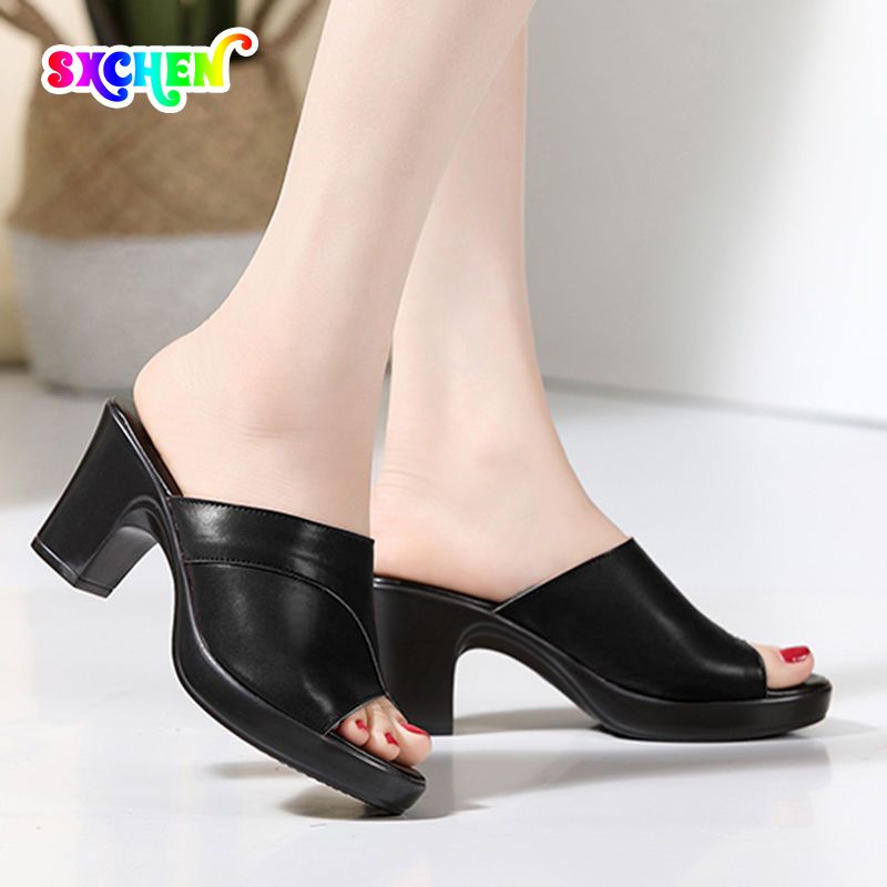 SXCHEN Ladies Shoes Fashion Fish Mouth Slippers Large Size Trendy Sandals Thick Heels Mother High Heels Casual Slippers Mules Clogs Girls Shoe Thick Comfortable Beautiful Simple Women Shoes