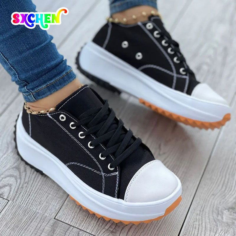 SXCHEN Women's Shoes Sneakers New Low-Top Single Shoes Thick-Soled Canvas Shoes Front Lace-Up Platform Sole Large Size Sneakers Ladies Shoes Girls School Outdoor Black Fashion Casual Round Toe Comfort