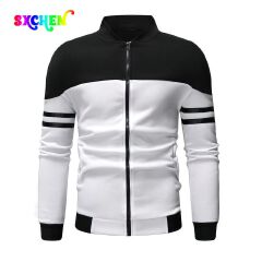 SXCHEN Men'S Clothing Tops Jackets Casual Jacket With Ribbon Design, Fashionable Color Matching Sweatshirt Jacket