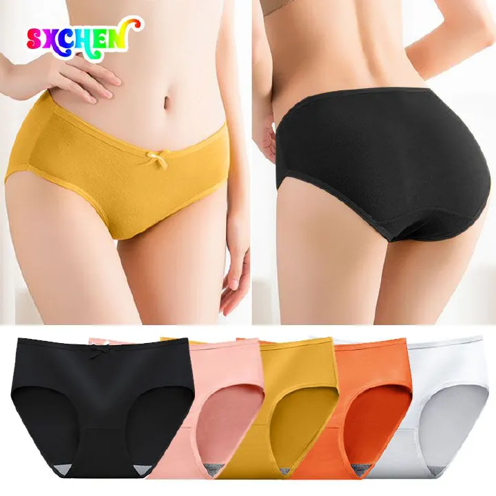 SXCHEN Women'S Clothing Lingerie Panties【5-pack】 Female Students Korean Style Solid Color Breathable Mid-Waist Girl Sexy And Cute Underwear