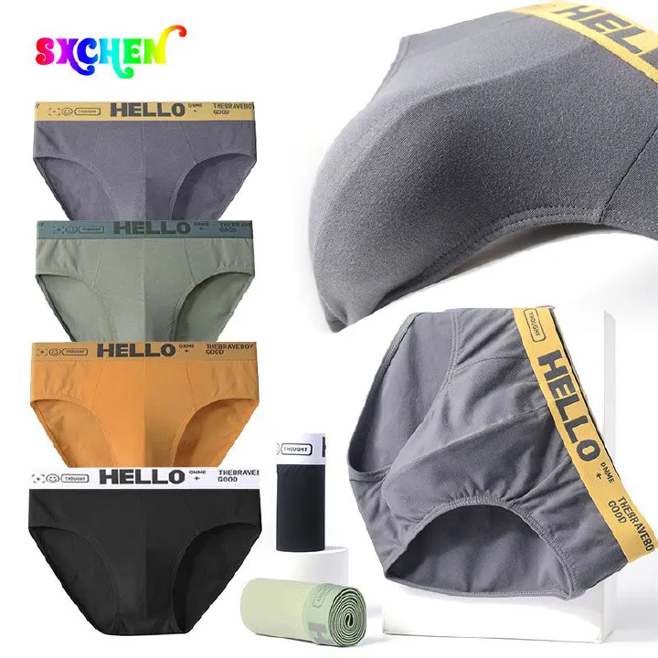 SXCHEN Men's Clothing Underwear 【4-piece pack】 Briefs Student triangle breathable fashion trend large size pants teenagers letter personalized triangle shorts underwear