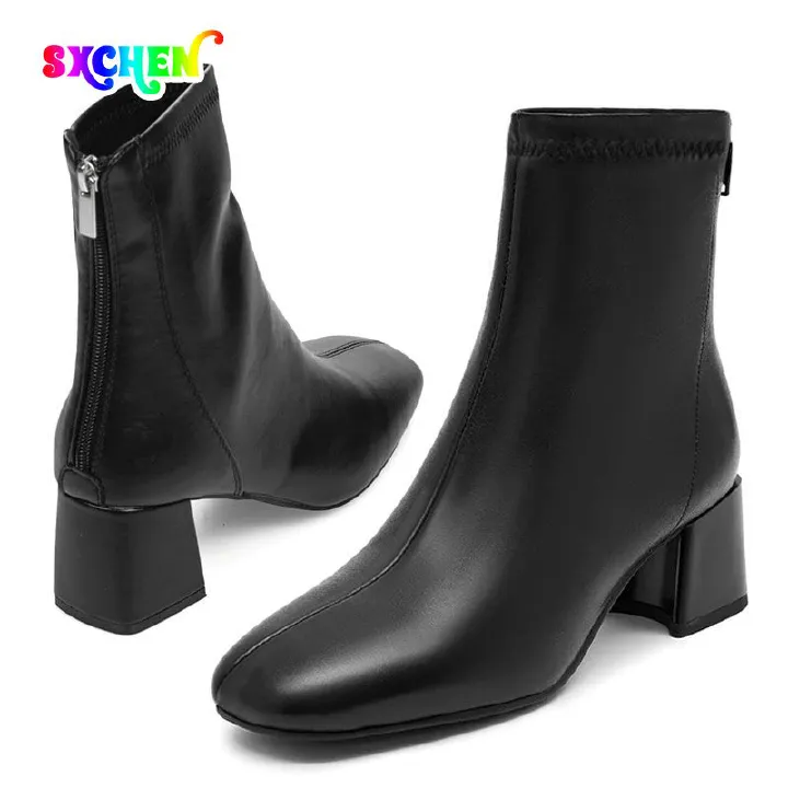 SXCHEN Women's Shoes Boots High Quality Ankle Bootie Martin Boots Square Toe Zipper Short Boots Women'S Thick Heel Mid Heel Boots Non-slip Ladies Shoe Simple Girls Fashion Thick Soles Mom Shoes