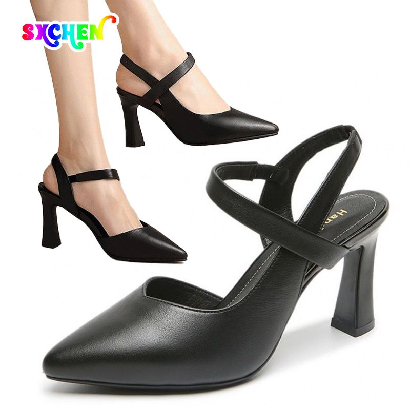 SXCHEN Women's Shoes Heels Soft Leather High Heels New Formal Shoes Work Shoes Pointed Toe All-Match Thick Heels One-Word Strap High Heels Ladies Shoes Girls Black School Fashion Comfort Mam Anti-slip