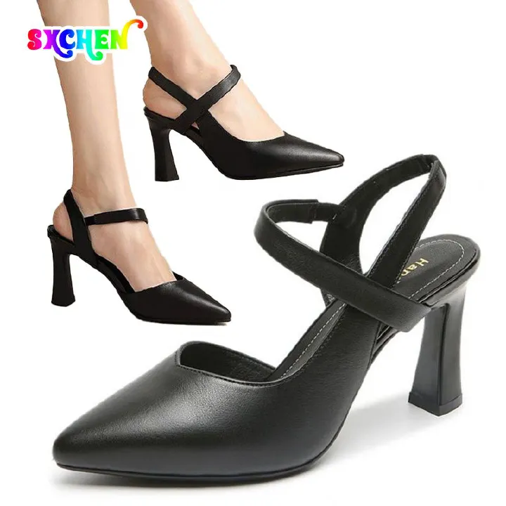 SXCHEN Women's Shoes Heels Soft Leather High Heels New Formal Shoes Work Shoes Pointed Toe All-Match Thick Heels One-Word Strap High Heels Ladies Shoes Girls Black School Fashion Comfort Mam Anti-slip