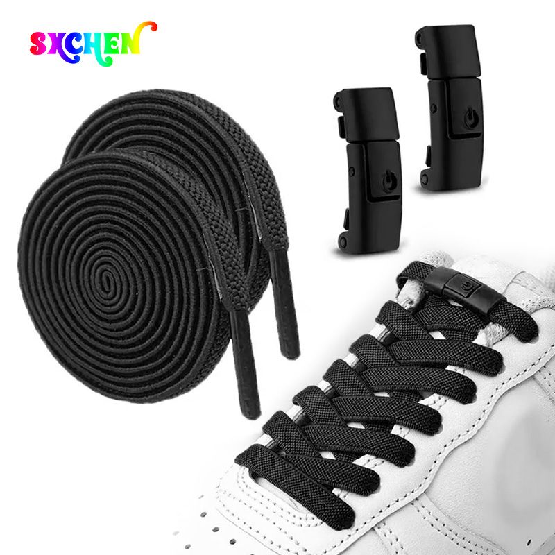 SXCHEN 【2 black buttons + 2 shoelaces】Shoelaces Press The Lazy Shoelace Buckle Without Tying The Elastic Elastic Unisex Rope Fixing Artifact Sports Leisure Colored Men Shoes Ladies Shoe