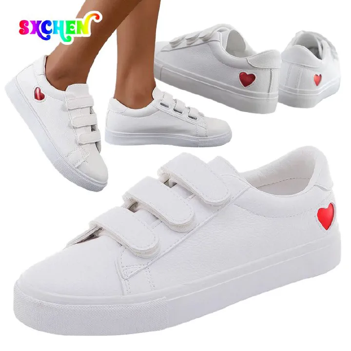 SXCHEN Women's Shoes Sneakers Love Casual Shoes Fashionable Student Breathable Velcro White Shoes Flat Shoes Sneakers Ladies Shoes Girls School Outdoor Running Shoe l Round Toe Comfort