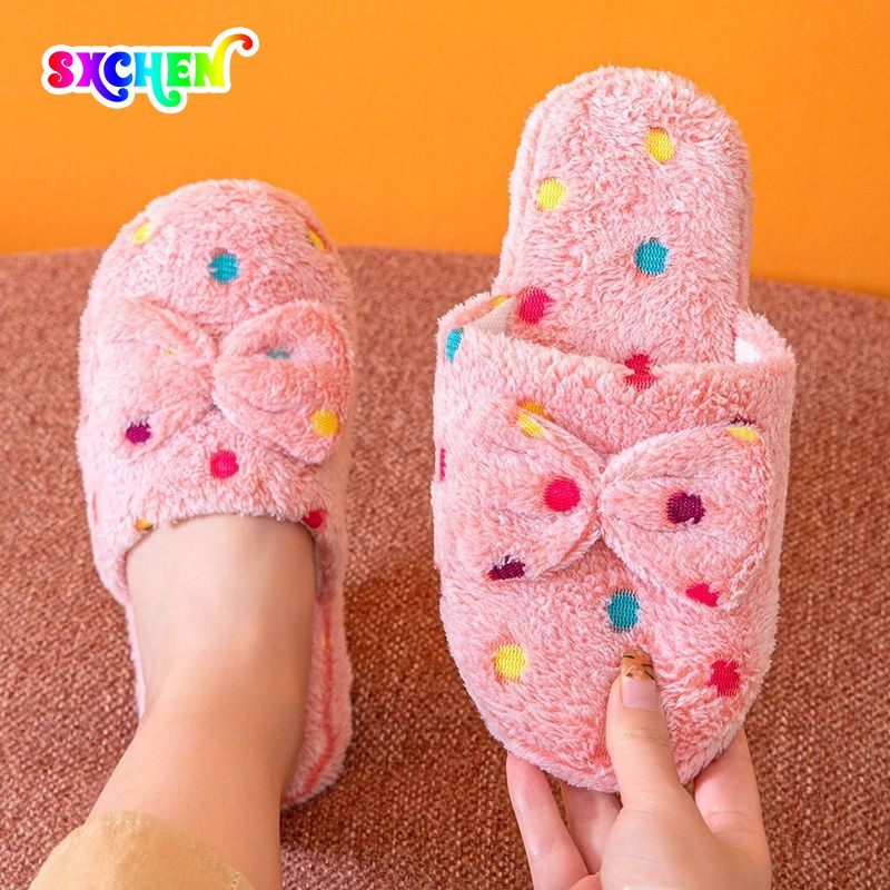 SXCHEN Women's Shoes Slippers Indoor Slippers Bow-tie Baotou Sweet Girl Wooden Floor Home Warm Cotton Slippers Ladies Shoes Girls School Outdoor Black Fashion Round Toe Comfort Bedroom Mam  Anti-slip