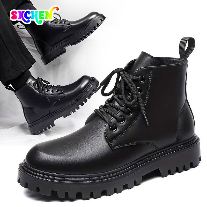 SXCHEN Men's Shoes Ankle & Bootie  Boots Martin Boots Men Low-Top Motorcycle High-Street Style Fashionable Thick-Soled High-Top Leather Shoes High-Top Casual Work Boots Black School Boys Shoes