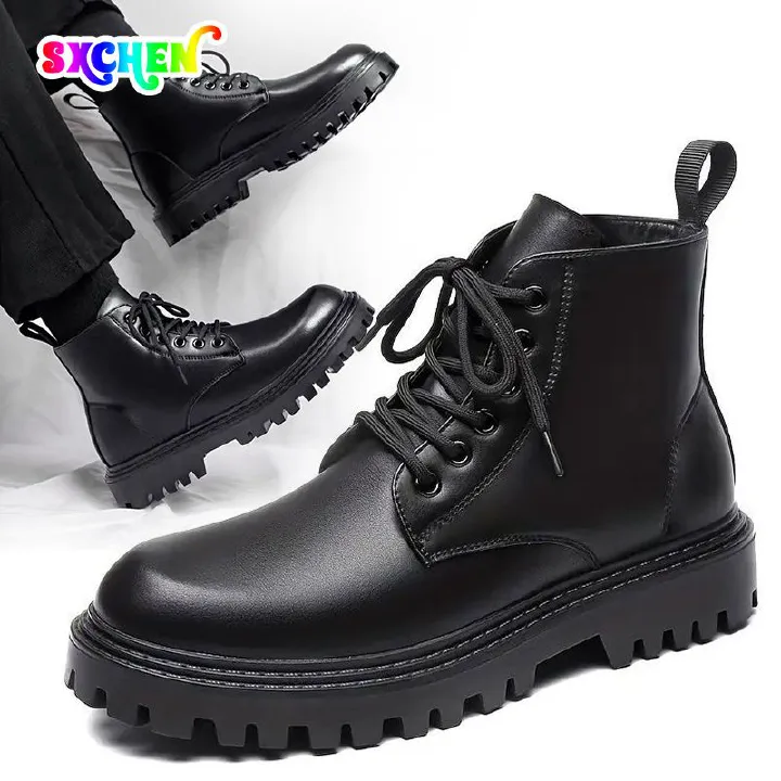 SXCHEN Men's Shoes Ankle & Bootie  Boots Martin Boots Men Low-Top Motorcycle High-Street Style Fashionable Thick-Soled High-Top Leather Shoes High-Top Casual Work Boots Black School Boys Shoes