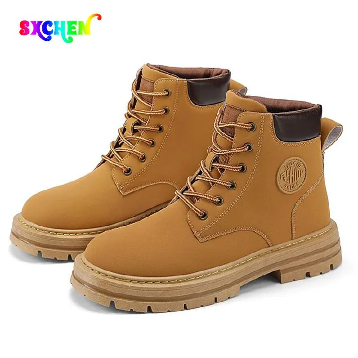 SXCHEN Men Shoes Boots Ankle & Bootie New Classic Fashionable Wear-Resistant Waterproof High-Top Martin Boots Soft-Soled Workwear Non-Slip Gentleman Rhubarb Boots School Boys Shoes Dad Shoe