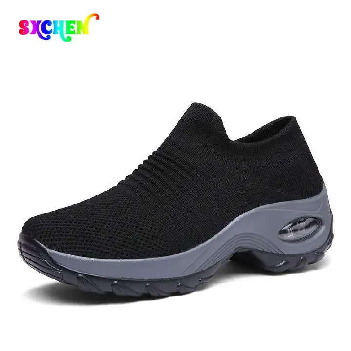 SXCHEN Women's Shoes Sneakers Sports And Leisure Rocking Shoes High Elastic Fly Woven Breathable Shoes Trendy Fashionable Lightweight Socks Shoes Sneakers Ladies Shoes Girls Outdoor Black Cushion Shoe