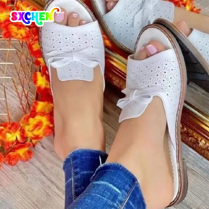 SXCHEN Women's Shoes Slippers Flat fish Mouth Slippers For Women Bow Carved Slippers Roman Sandals Non-Slip Open Toe Soft Sole Comfortable Casual Flat Shoes Adult Sandals Fashion Simple Ladies Shoe
