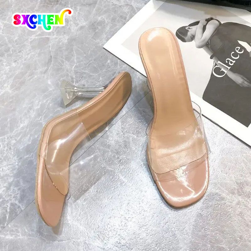 SXCHEN Women's Shoes Fish Mouth Sandals Heels Large Size Crystal High Heels For Women To Wear One-Line Transparent High Heels Open Shoe Fashion Beautiful Girls Shoe Slippers Non-slip