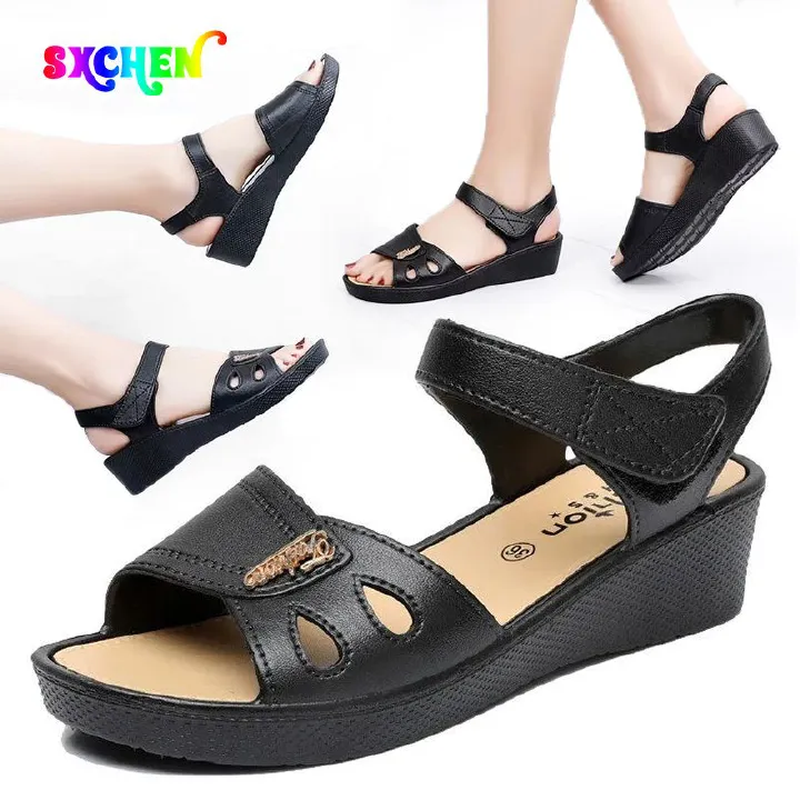 SXCHEN Women's Shoes Sandals Flats Sandals Soft-soled large size mom's shoes, comfortable and temperamental wedge-heeled Roman sandals, middle-aged and elderly shoes sandals