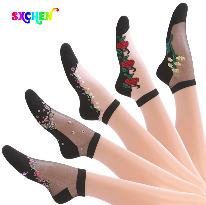 SXCHEN Women's Socks Casual Socks Popular women's mid-calf crystal stockings spring and summer thin embroidered glass stockings for middle-aged and elderly women's non-slip socks
