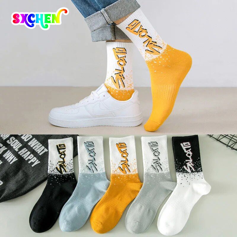 SXCHEN Men's Socks Athletic Socks ins letter trendy socks autumn and winter student white sports socks men's mid-calf socks sports socks