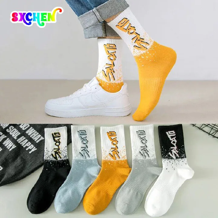 SXCHEN Men's Socks Athletic Socks ins letter trendy socks autumn and winter student white sports socks men's mid-calf socks sports socks