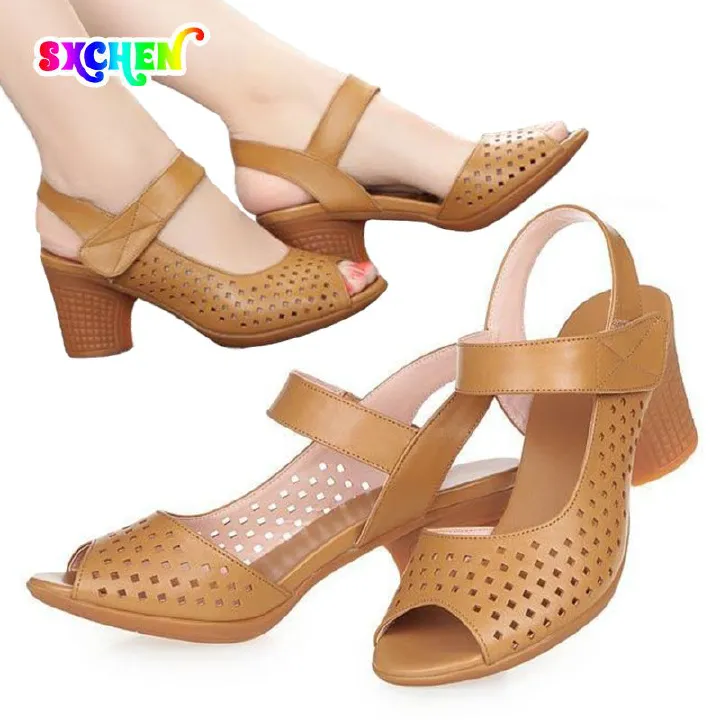 SXCHEN Women's Shoes Sandals Ladies Heels Sandals Medium Heel Thick Heel Hollow Women's Sandals Velcro Retro Simple Fish Mouth Shoes High Heel Sandals Open Shoes for Ladies Gift Latest Shoes