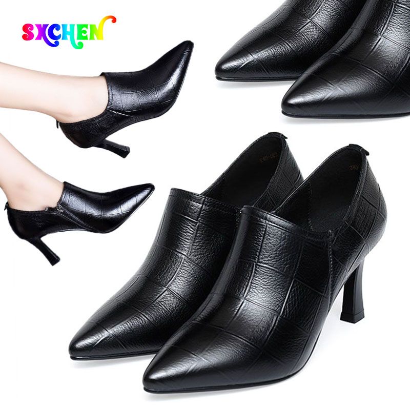 SXCHEN Women's Shoes Heels Soft Leather Deep Mouth High Heeled Shoes for Ladies Black British Style Pointed toe Ankle Boots Short Tube Fashionable and Versatile Stiletto Small Leather Shoes Free