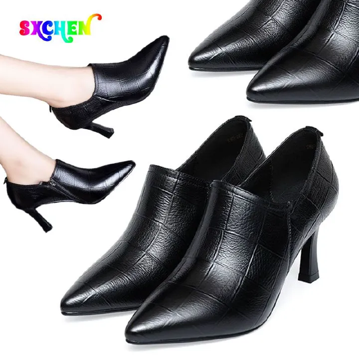 SXCHEN Women's Shoes Heels Soft Leather Deep Mouth High Heeled Shoes for Ladies Black British Style Pointed toe Ankle Boots Short Tube Fashionable and Versatile Stiletto Small Leather Shoes Free