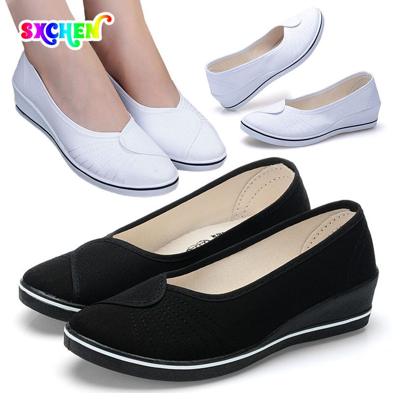 SXCHEN Women's Shoes Small White Shoes Loafers Nurse Shoes Female Ladies Shoes White Wedge Soft Bottom New Cloth Shoes Flat Party Office Girl Lovers Gift Latest Shoes Mom Shoe Sneakers Plus Size Black