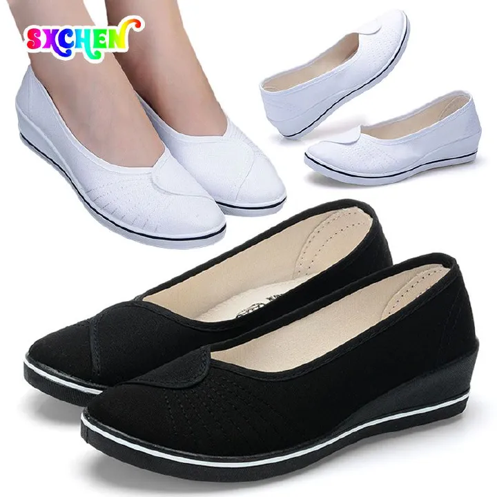 SXCHEN Women's Shoes Small White Shoes Loafers Nurse Shoes Female Ladies Shoes White Wedge Soft Bottom New Cloth Shoes Flat Party Office Girl Lovers Gift Latest Shoes Mom Shoe Sneakers Plus Size Black