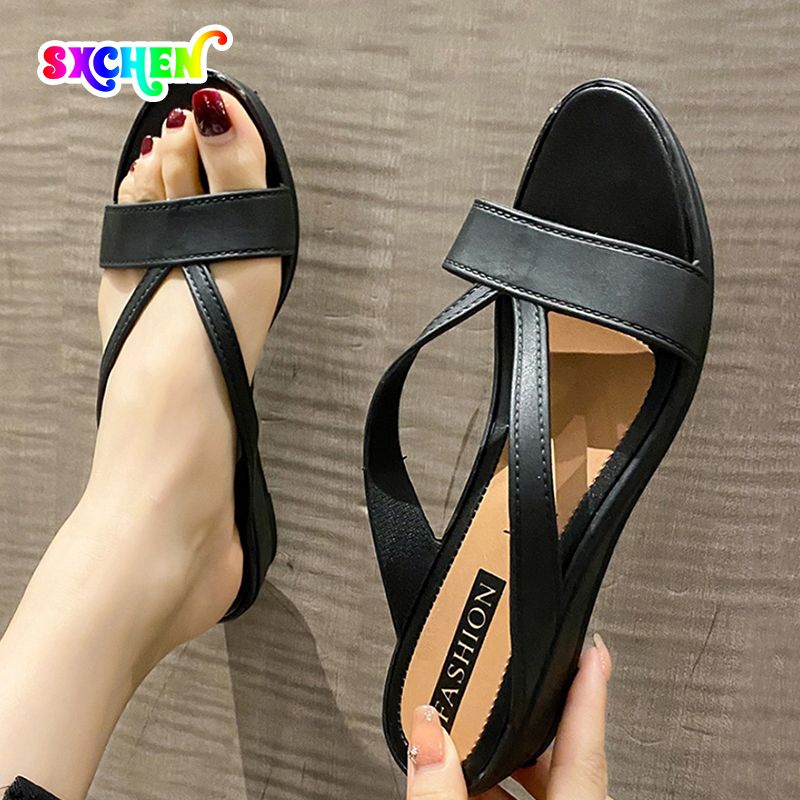 SXCHEN Ladies Shoes Slippers Mules Plastic Slope Heel Sandals and Slippers Fashion Women's Simple Beach Flip-flops Outer Mid-heel Non-slip Heightening Slippers Casual Mom Shoe Latest Shoes Girl