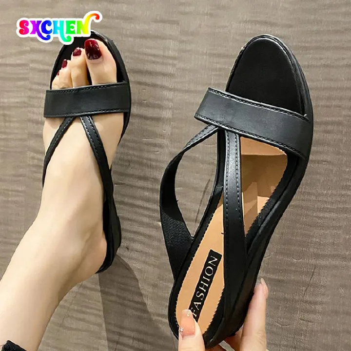 SXCHEN Ladies Shoes Slippers Mules Plastic Slope Heel Sandals and Slippers Fashion Women's Simple Beach Flip-flops Outer Mid-heel Non-slip Heightening Slippers Casual Mom Shoe Latest Shoes Girl