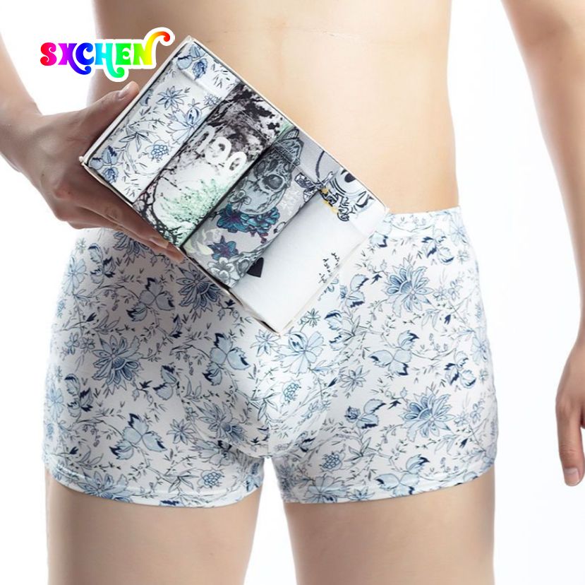SXCHEN [4 packs] Men’s Underwear Summer Men’s Underwear Man Boxer Shorts Boy Breathable Fashion Flat Pants Underwear Student Plus Size Colourful Printed Polyester fabric Buy a larger size