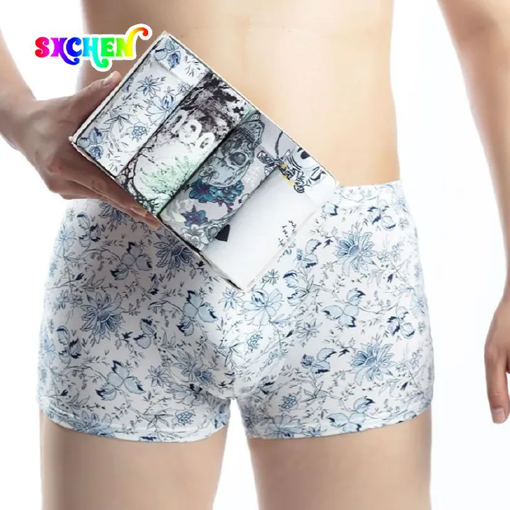 SXCHEN [4 packs] Men’s Underwear Summer Men’s Underwear Man Boxer Shorts Boy Breathable Fashion Flat Pants Underwear Student Plus Size Colourful Printed Polyester fabric Buy a larger size