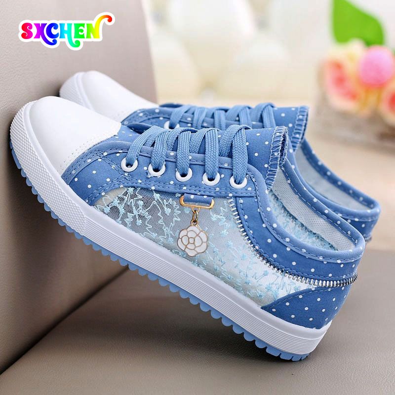 SXCHEN Women's Shoes Flats Canvas Shoes Style Women Hollow Denim Mesh Shoes Flat Ladies Shoes Casual Shoes Breathable Cloth Shoes Student Mesh Shoes Party Office Girl Mom Shoe Lovers Gift Latest Shoes