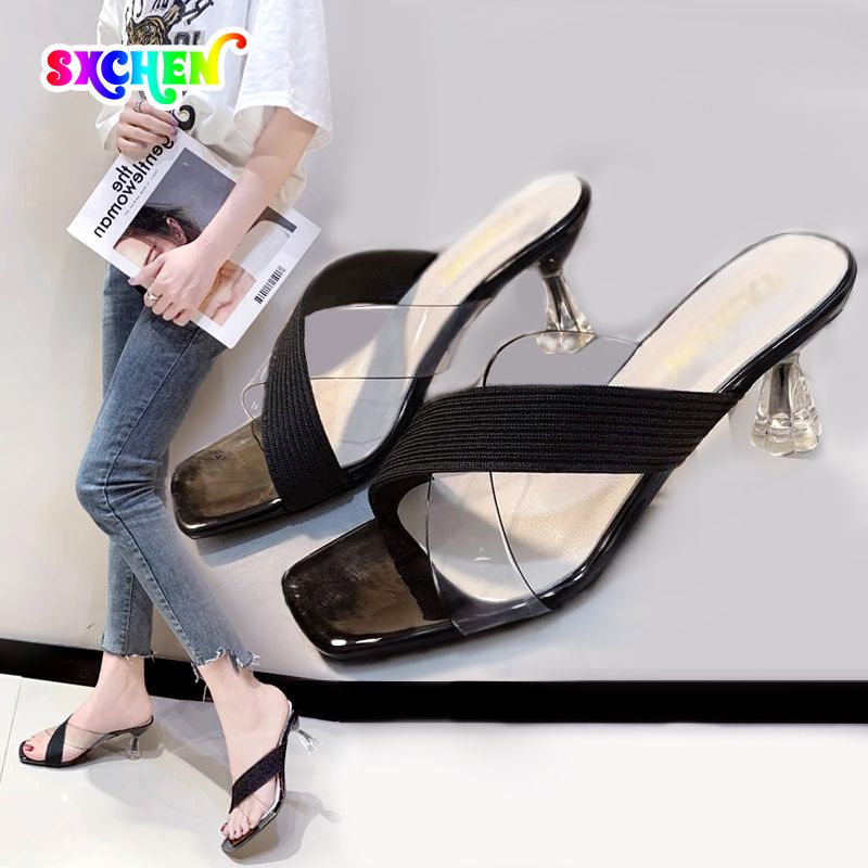 SXCHEN Women's Shoes Slippers Mules Clogs Open-toe Color Matching Non-slip Chunky Ladies Heel Slippers for Outerwear Korean Style Knitted Stitching High Heels Office Wedding Party Mom Shoe Latest Shoe