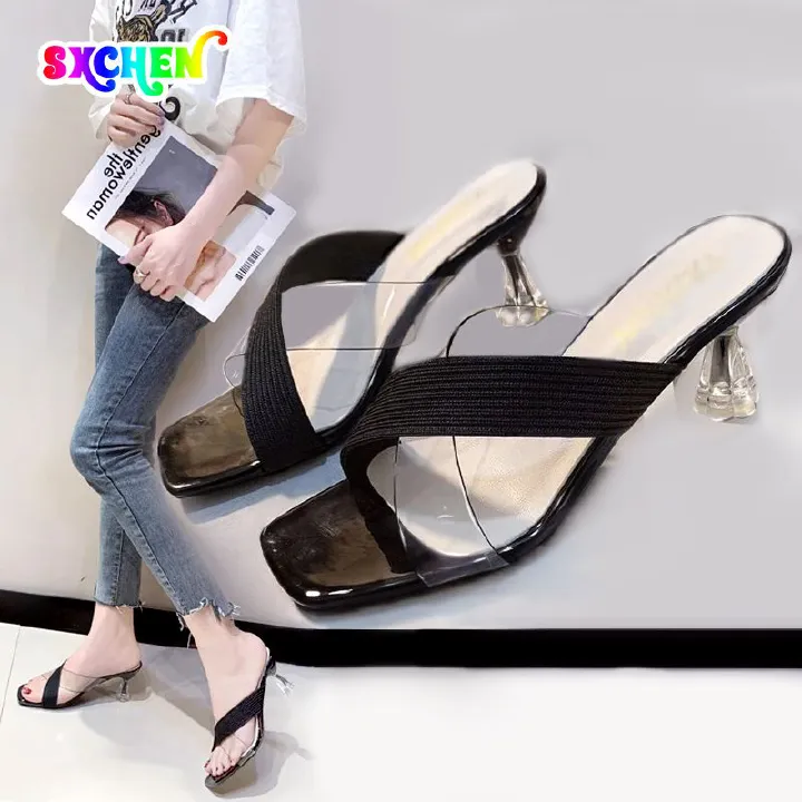 SXCHEN Women's Shoes Slippers Mules Clogs Open-toe Color Matching Non-slip Chunky Ladies Heel Slippers for Outerwear Korean Style Knitted Stitching High Heels Office Wedding Party Mom Shoe Latest Shoe