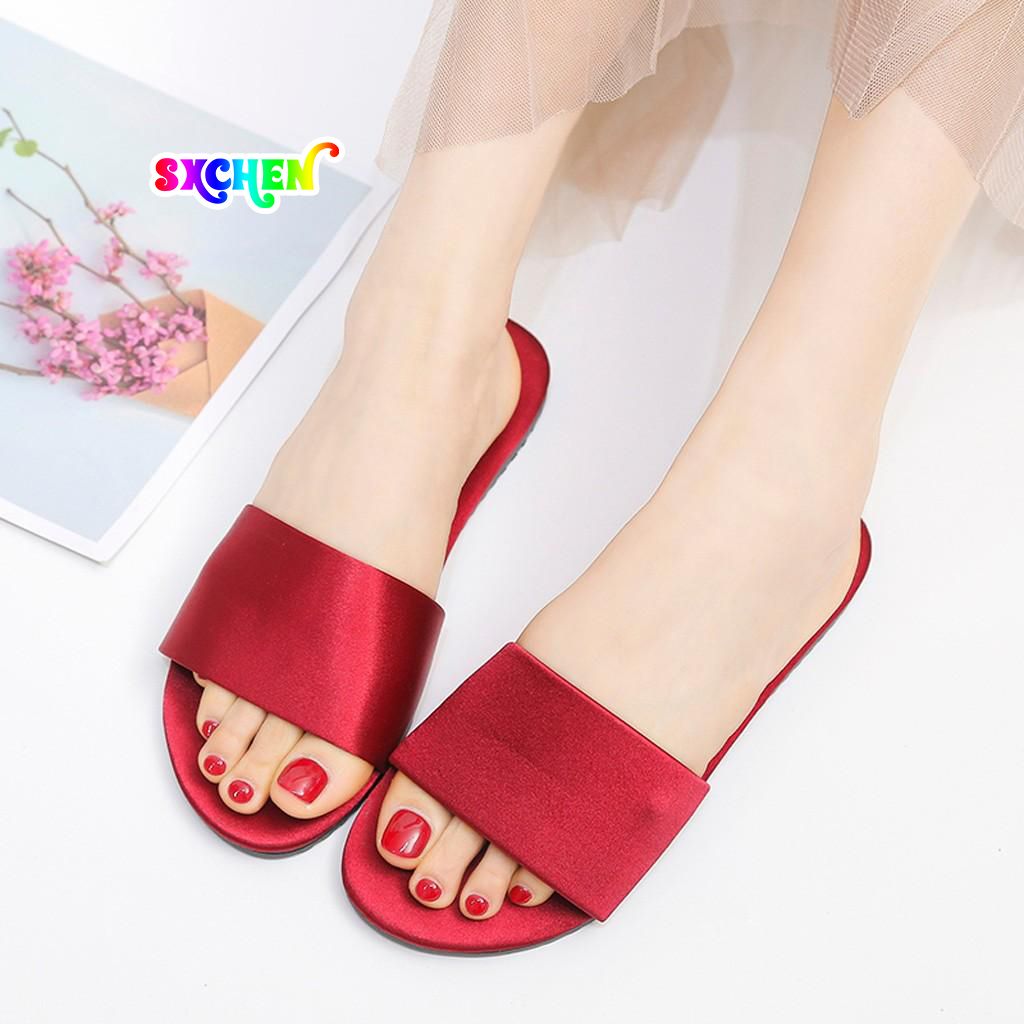 SXCHEN Women's Shoes Slippers Indoor Slippers New Style Silk and Satin Flip Flops Korean Fashion Casual Wedding Celebration Sandals Flat Large Size Slippers Mom Shoe Latest Shoes Girl Gift Ladies Shoe