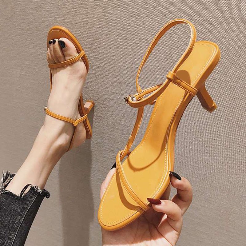 SXCHEN Ladies Shoes Women's Shoes Heels Sandals Mid-heel Sandals All-match Strappy High-heeled Shoes Stiletto Word Belt High-heeled Sandals Yellow Mom Shoes Student Girl Gift Latest Shoes Office