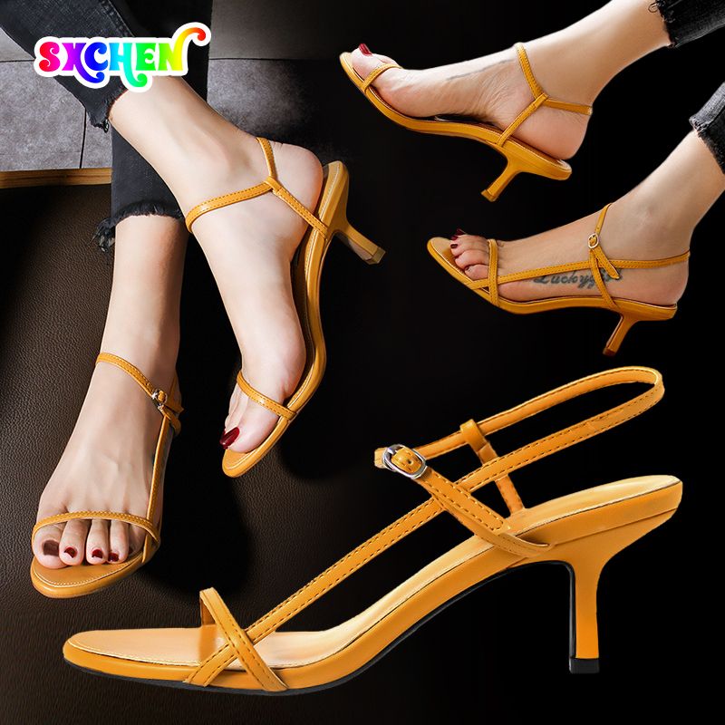 SXCHEN Ladies Shoes Women's Shoes Heels Sandals Mid-heel Sandals All-match Strappy High-heeled Shoes Stiletto Word Belt High-heeled Sandals Yellow Mom Shoes Student Girl Gift Latest Shoes Office
