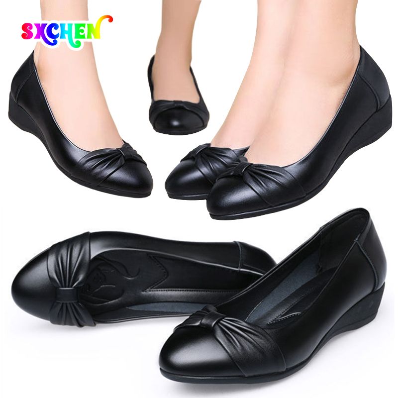 SXCHEN Women's Shoes Wedge Heels Soft Leather Soft Sole Ladies Shoes Waterproof Bow Knot Work Shoes Formal Shoes Mom Shoes Student Fashion Girl Gift Travel Latest Shoes Office Wedding Festival