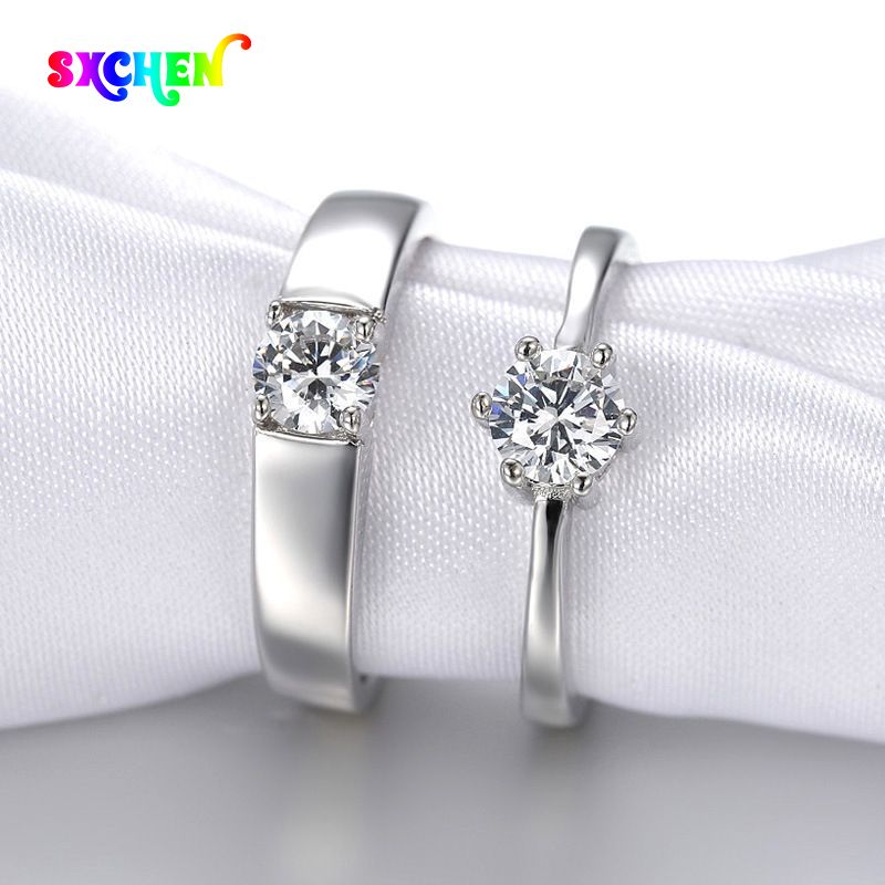SXCHEN 2 Pcs Couple Ring Adjustable size Mosan Diamond Zircon Engagement Ring Men's and Women's Crown Classic Six-claw Couple Ring Couple Ring Eternal Ring Adjustable Open Ring Valentine's Day Gift