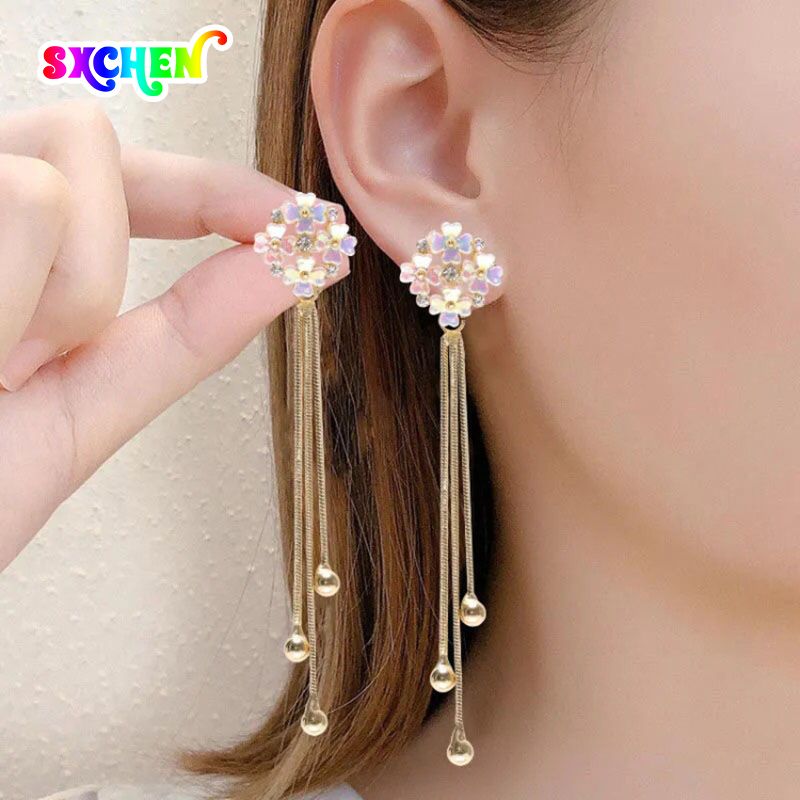 SXCHEN Women Earrings Long Crystal Tassel Dangle Earrings Girl Jewelry Hypoallergenic Earrings Flower Temperament Wild Earrings Lady Earrings Women's Fashion Accessories Girlfriend Gift Mom Party