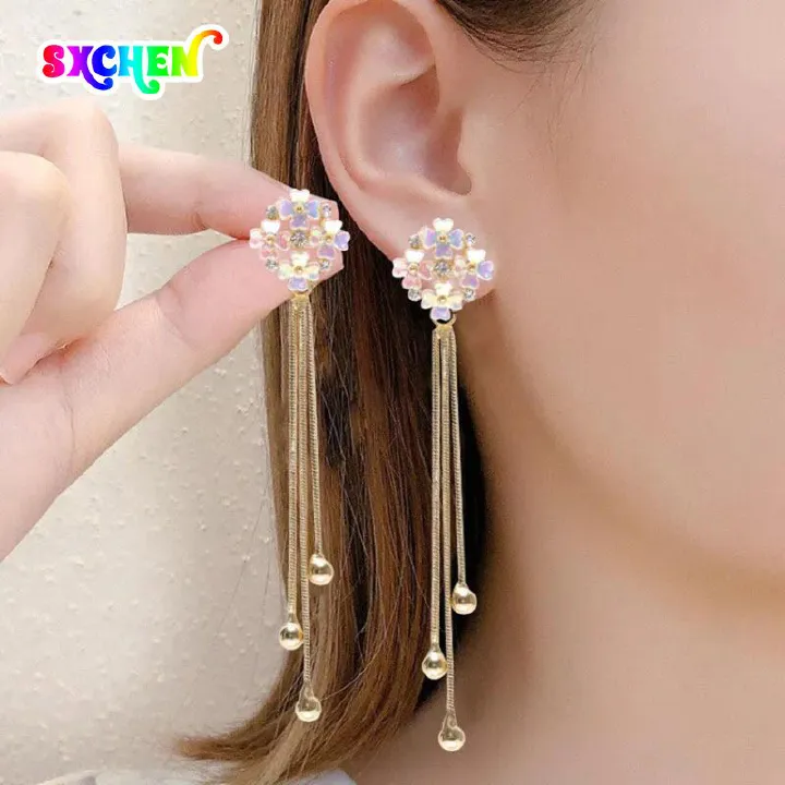 SXCHEN Women Earrings Long Crystal Tassel Dangle Earrings Girl Jewelry Hypoallergenic Earrings Flower Temperament Wild Earrings Lady Earrings Women's Fashion Accessories Girlfriend Gift Mom Party