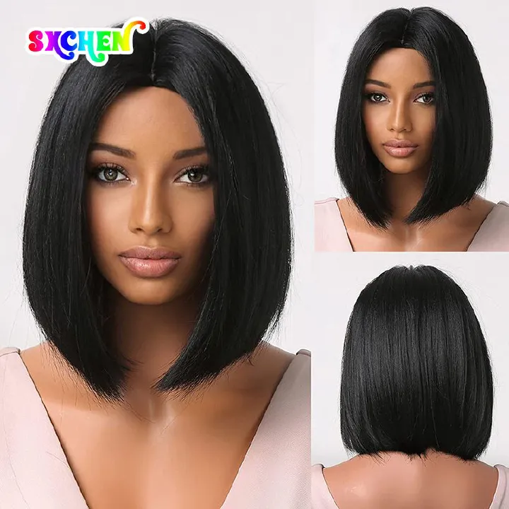 SXCHEN Lady Short Black Wig for Women Straight Bob Wigs for Girls Heat Resistant Synthetic Wigs 12 Inch Middle Part Hair Wigs Shoulder Natural Looking With Wig Cap Home Work Travel Date Party School