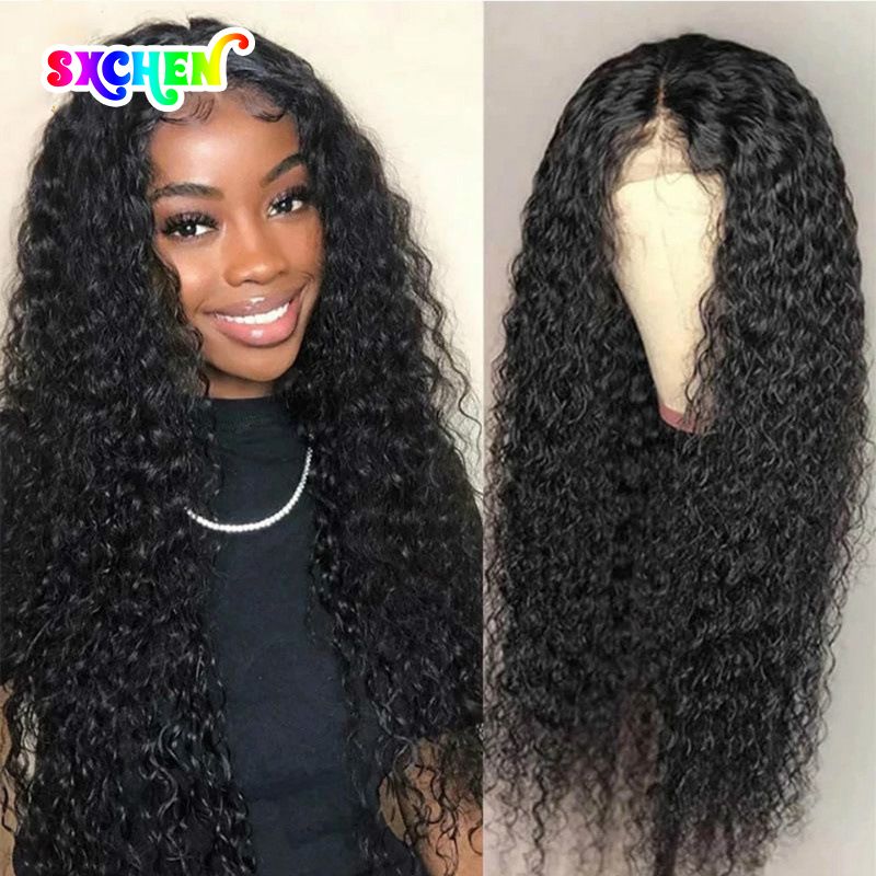 SXCHEN Wig Long Curly Black Wigs Ladies Fashion Hair For Women Hair Small Curly Slightly Curly Deep Wave Sexy Lace Front Human Hair Wigs 26 inch Middle Part Natural Looking Crimps Curls Hair Wigs Gift