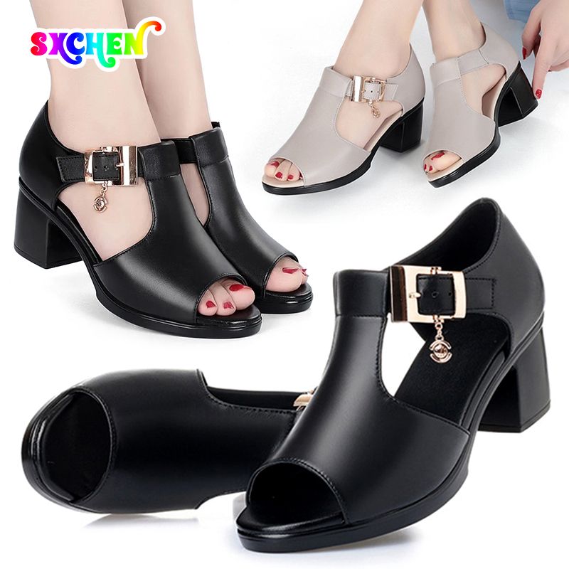 SXCHEN Ladies Shoes Fish Mouth Sandals Women's Style Roman Women Thick Heels Versatile Mid-heel Thick Comfortable Non-slip Beach Fashion Beautiful Girls Shoe Heel Open Shoes Black Lady Official