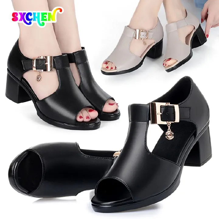 SXCHEN Ladies Shoes Fish Mouth Sandals Women's Style Roman Women Thick Heels Versatile Mid-heel Thick Comfortable Non-slip Beach Fashion Beautiful Girls Shoe Heel Open Shoes Black Lady Official