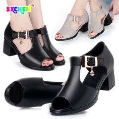 SXCHEN Ladies Shoes Fish Mouth Sandals Women's Style Roman Women Thick Heels Versatile Mid-heel Thick Comfortable Non-slip Beach Fashion Beautiful Girls Shoe Heel Open Shoes Black Lady Official