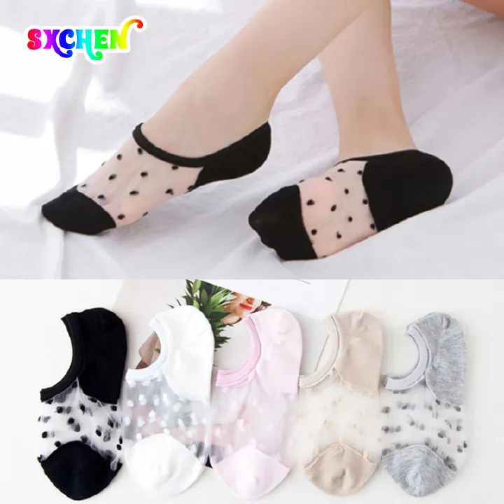 SXCHEN 10 Pairs Women's Socks Female Short Socks Thin Crystal Transparent Silk Socks Girl Ankle Sox Cotton Socks Cute Student Boat Socks Ultra-thin Invisible Socks Ladies Sheer Mesh Solid Color Gift