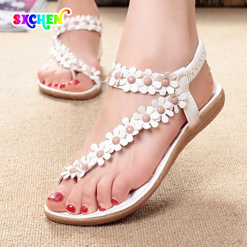 SXCHEN Ladies Shoes Women's Sandals Toe Flowers Casual Flat Shoes Women Flat Shoes Fashion Girls Open Toe Beach Sandalias Non-Slip Flat Heel Bohemian Sandals Casual Fashion Floral Flip Flops